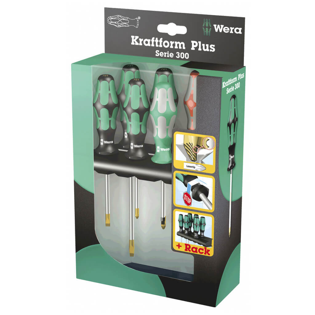 Wera 05347778001 334/368/6 Kraftform Plus Screwdriver Set with Rack (6-Piece)